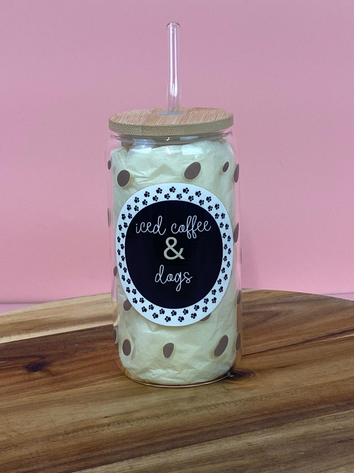 Iced Coffee & Dogs Glass Can with Bamboo Lid & Glass Straw – Dog Lover Iced coffee Cup