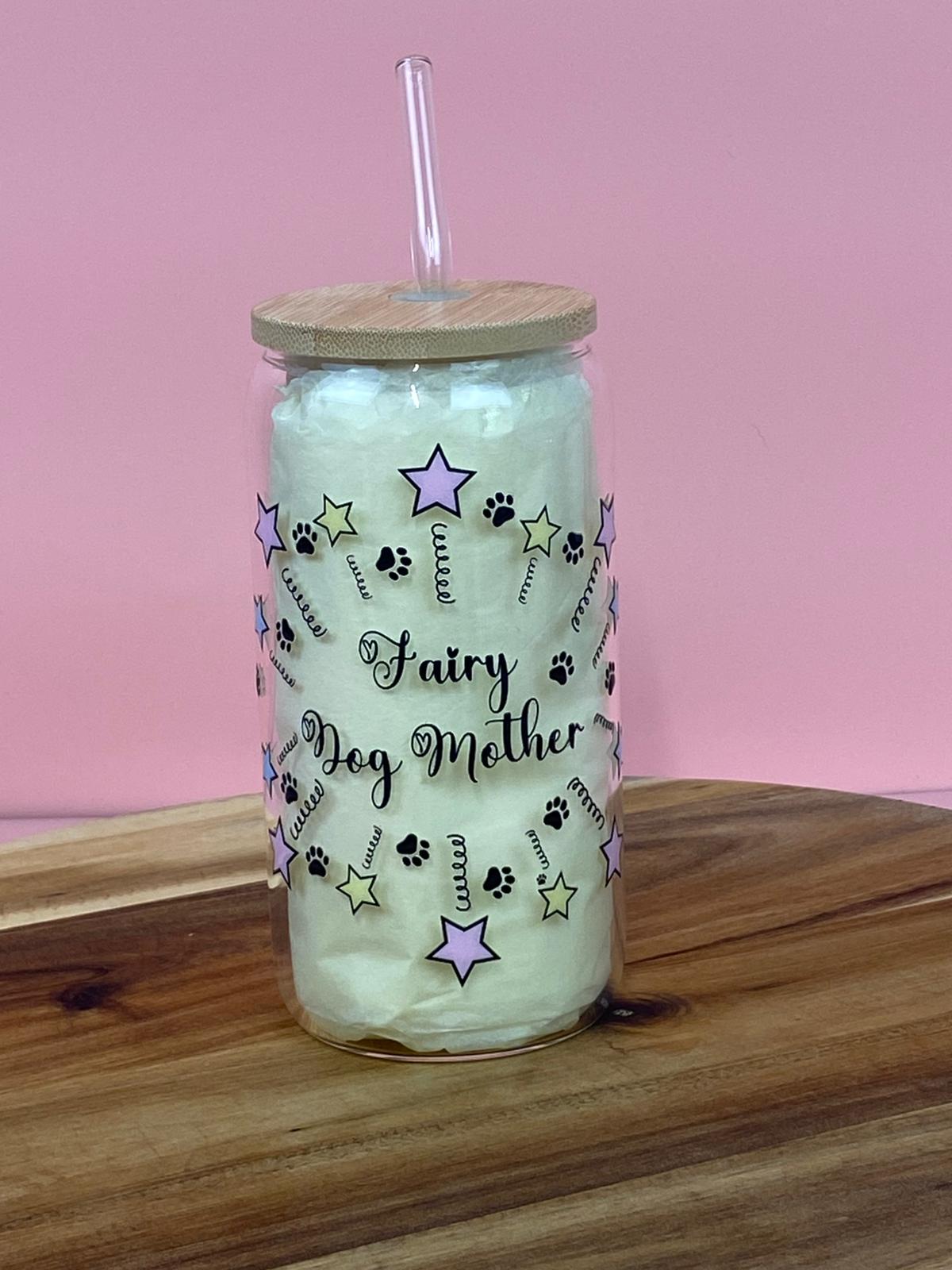 Fairy Dog Mother Glass Can with Bamboo Lid & Glass Straw – Dog Mum Iced Coffee Cup