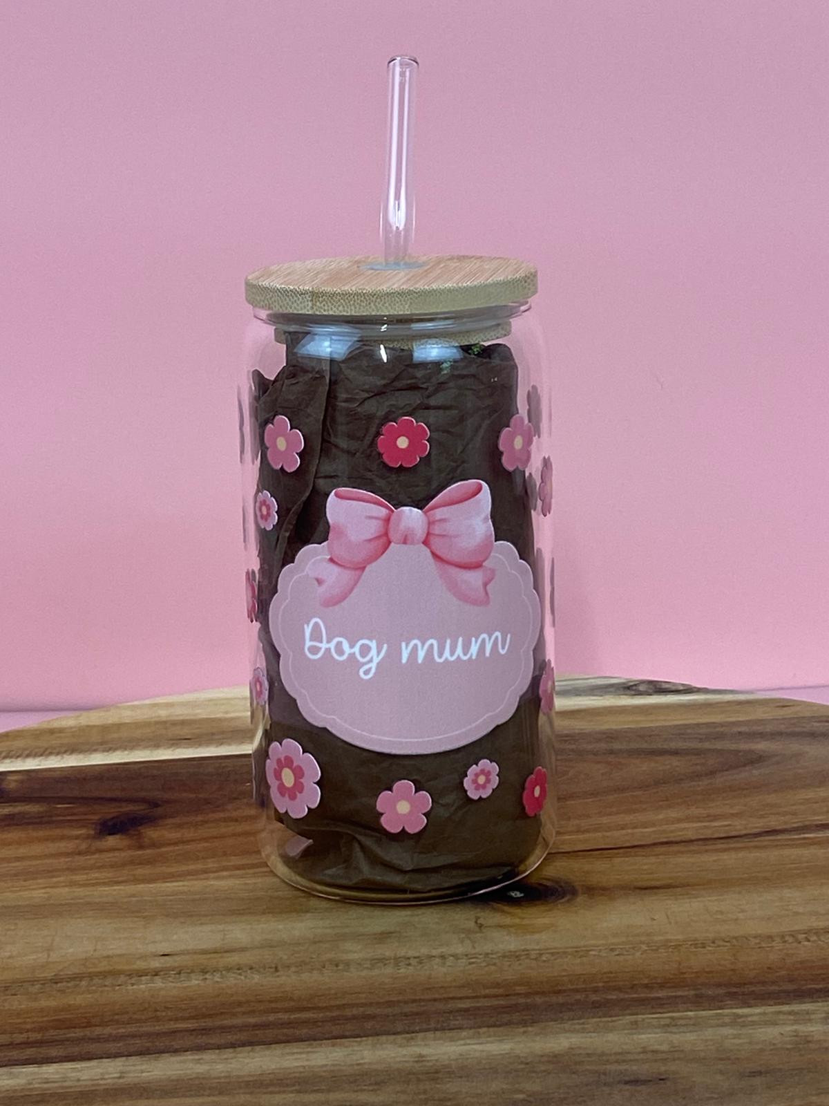 Dog Mum Glass Can with Bamboo Lid & Glass Straw – Pink Floral Dog Lover Cup