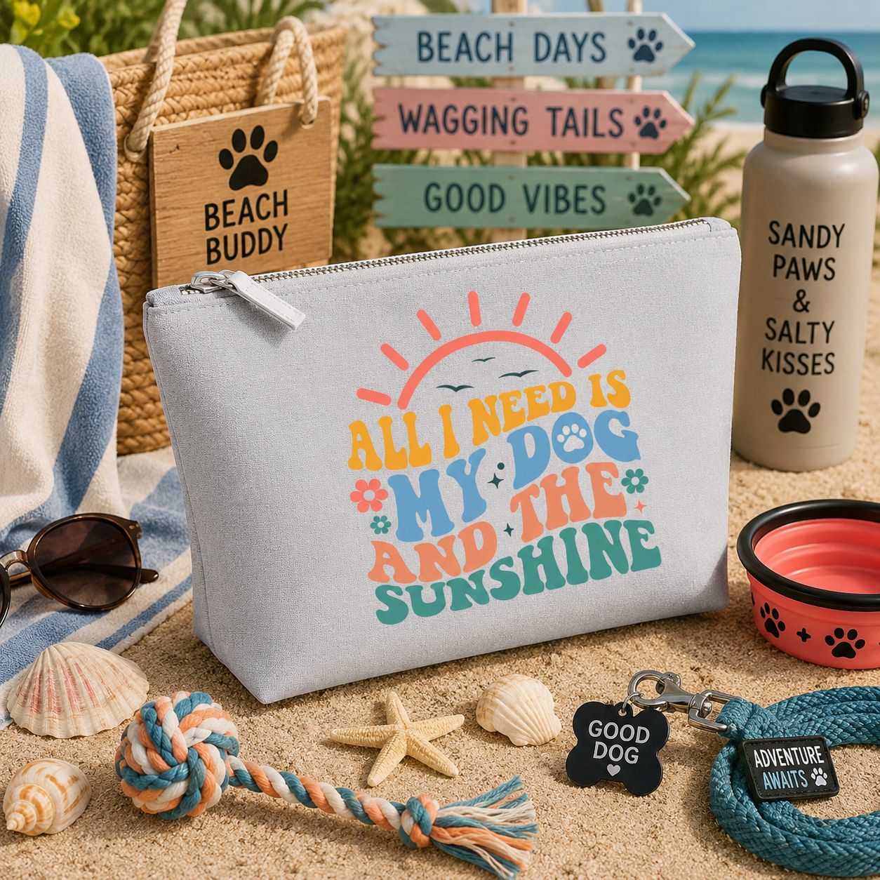 Grey canvas travel bag featuring the colourful "All I Need Is My Dog and the Sunshine" design, displayed on a beach-inspired dog-themed background with seashells, a rope toy, sunglasses, a dog bowl, lead, paw-print accessories, and coastal décor, creating the perfect summer gift for dog lovers and beach enthusiasts.