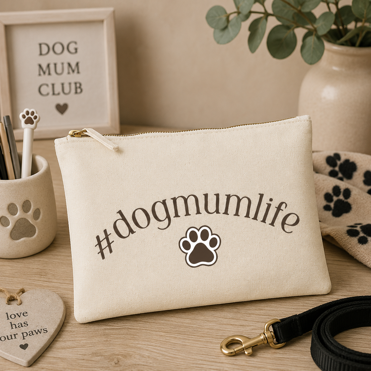 Cream canvas pencil case featuring "#dogmumlife" and a paw print design, displayed on a warm wooden desk with dog mum accessories, a paw print pen holder, and cosy pet-themed décor.