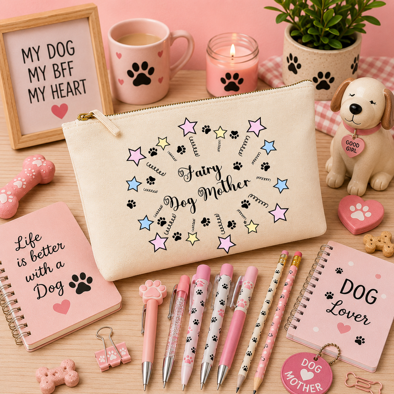 Natural canvas Fairy Dog Mother pencil case featuring pastel stars and paw prints, displayed on a cosy pink dog-themed background with notebooks, pens, pencils, paw-print accessories, candles, and decorative dog lover accents, perfect for stationery enthusiasts and dog mums.