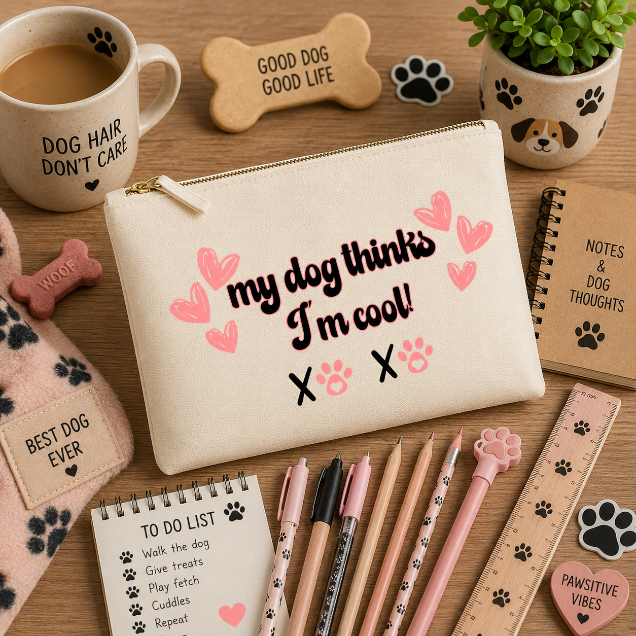 Natural canvas pencil case featuring the playful "My Dog Thinks I'm Cool!" design with pink hearts and paw prints, displayed on a cosy dog-themed desk with notebooks, pens, pencils, a paw-print ruler, and cute dog accessories. A charming stationery gift for dog lovers and pet mums.