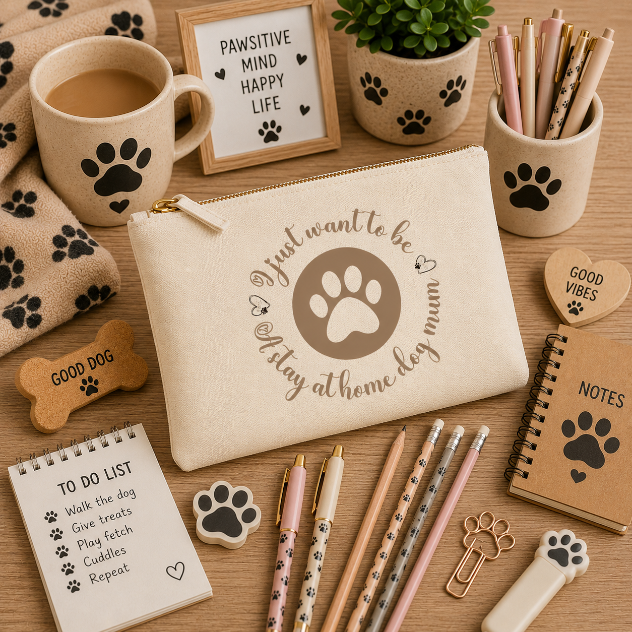 Natural canvas pencil case featuring the quote "I Just Want to Be a Stay at Home Dog Mum" with a paw print design, displayed on a cosy dog-themed desk background with notebooks, pens, pencils, paw-print accessories, decorative desk items, and warm wooden accents. Perfect for dog mums, stationery lovers, and pet enthusiasts.