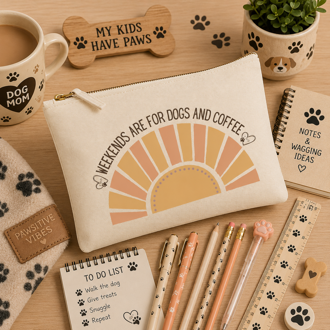 Natural canvas pencil case featuring the "Weekends Are for Dogs and Coffee" design with a retro sun graphic, displayed on a cosy dog-themed desk background with notebooks, pens, pencils, a ruler, paw-print accessories, and dog lover décor, perfect for stationery enthusiasts and dog lovers.