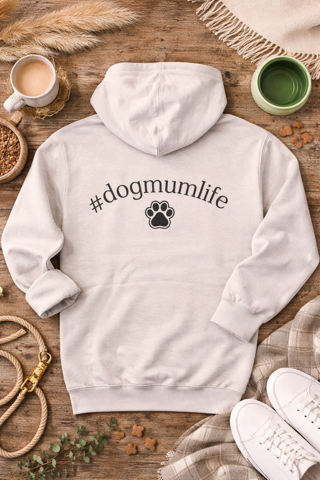 Cream hoodie with '#dogmumlife' text and paw print on a wooden surface with coffee and treats.