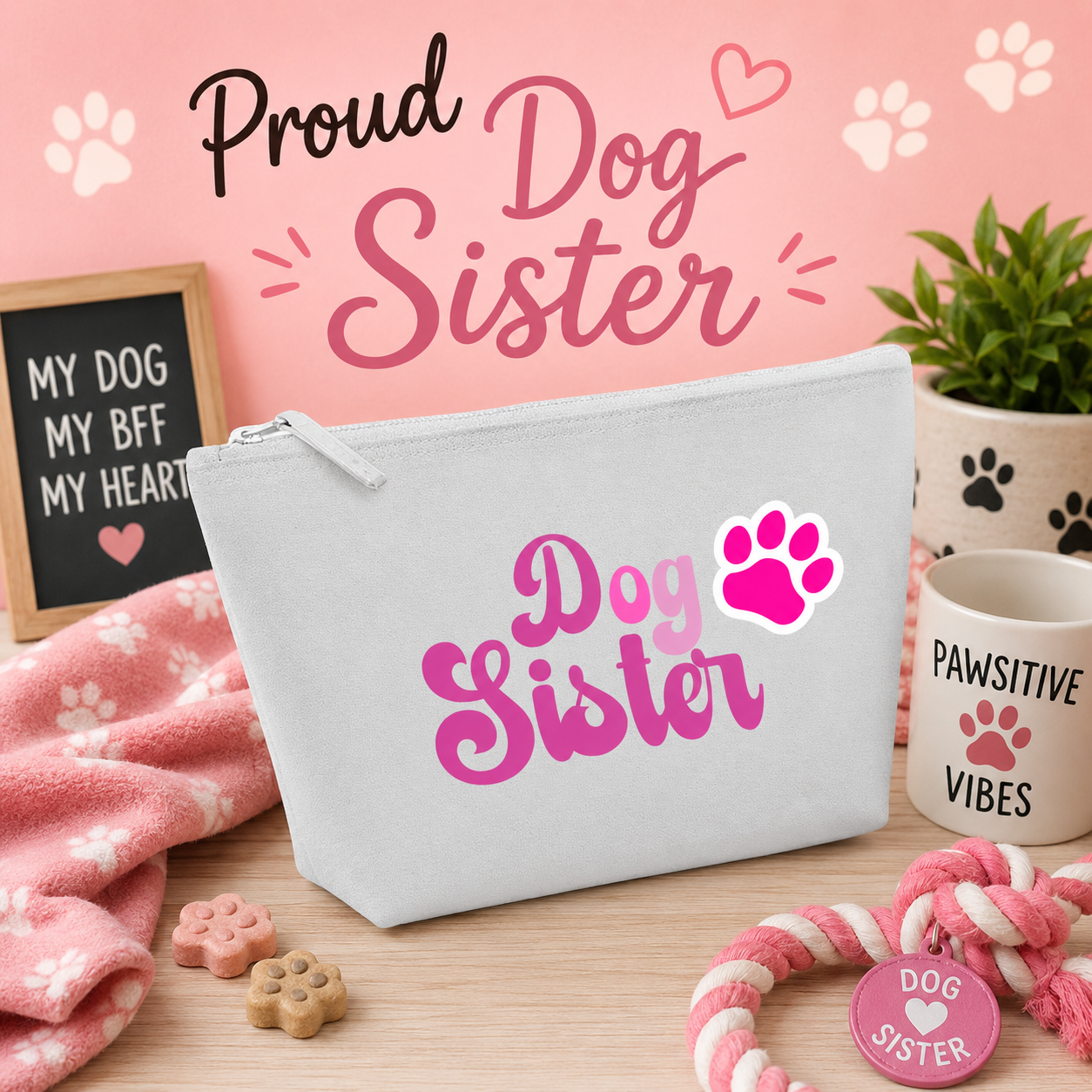 Grey cosmetic travel bag featuring pink "Dog Sister" lettering and a bright pink paw print, displayed on a cosy pink dog-themed background with paw prints, dog toys, a soft paw-print blanket, and decorative accessories, making a perfect gift for dog-loving sisters.