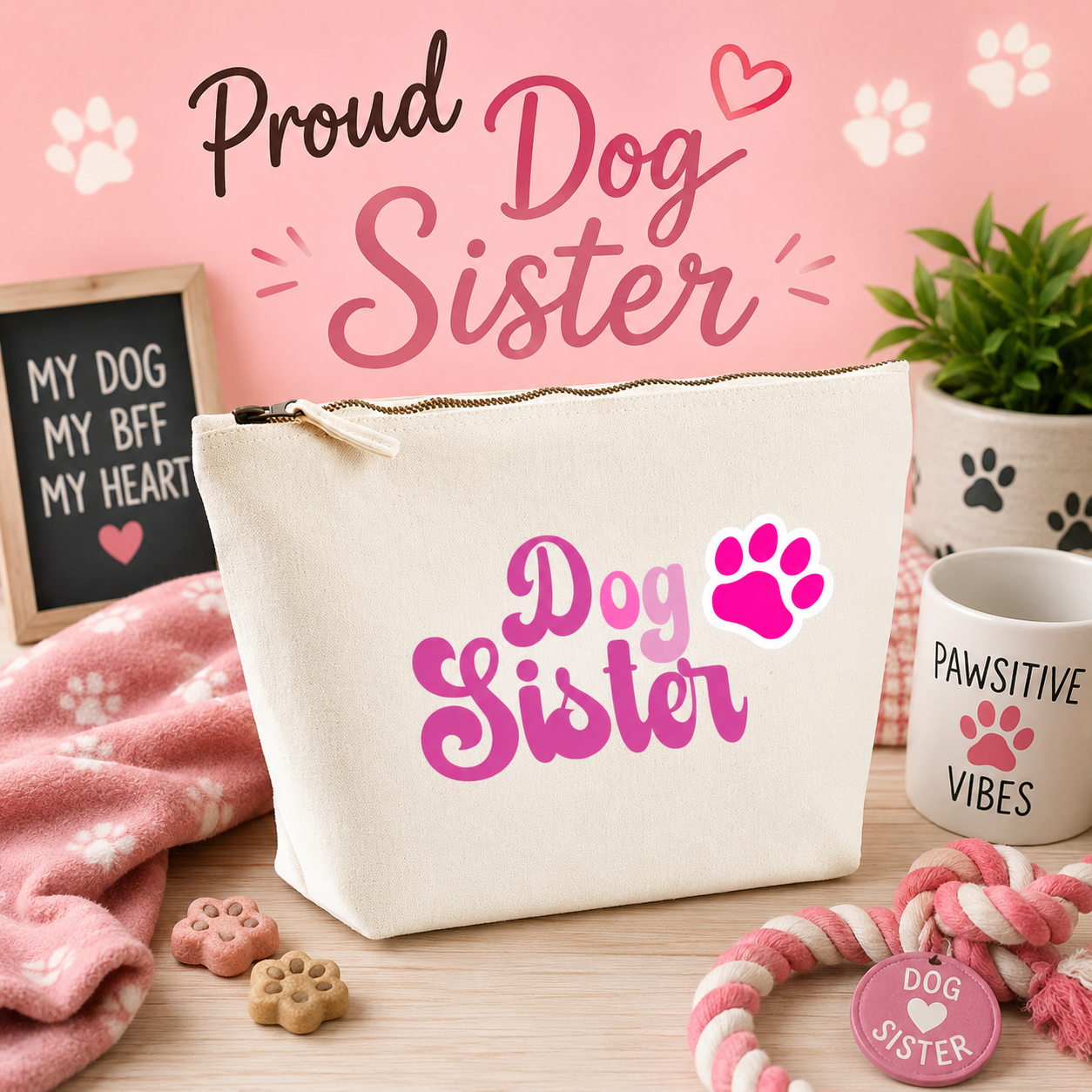 Natural canvas cosmetic travel bag featuring pink "Dog Sister" lettering and a bright pink paw print, displayed on a cosy pink dog-themed background with paw prints, dog toys, a soft blanket, and decorative accessories, perfect for dog-loving sisters.