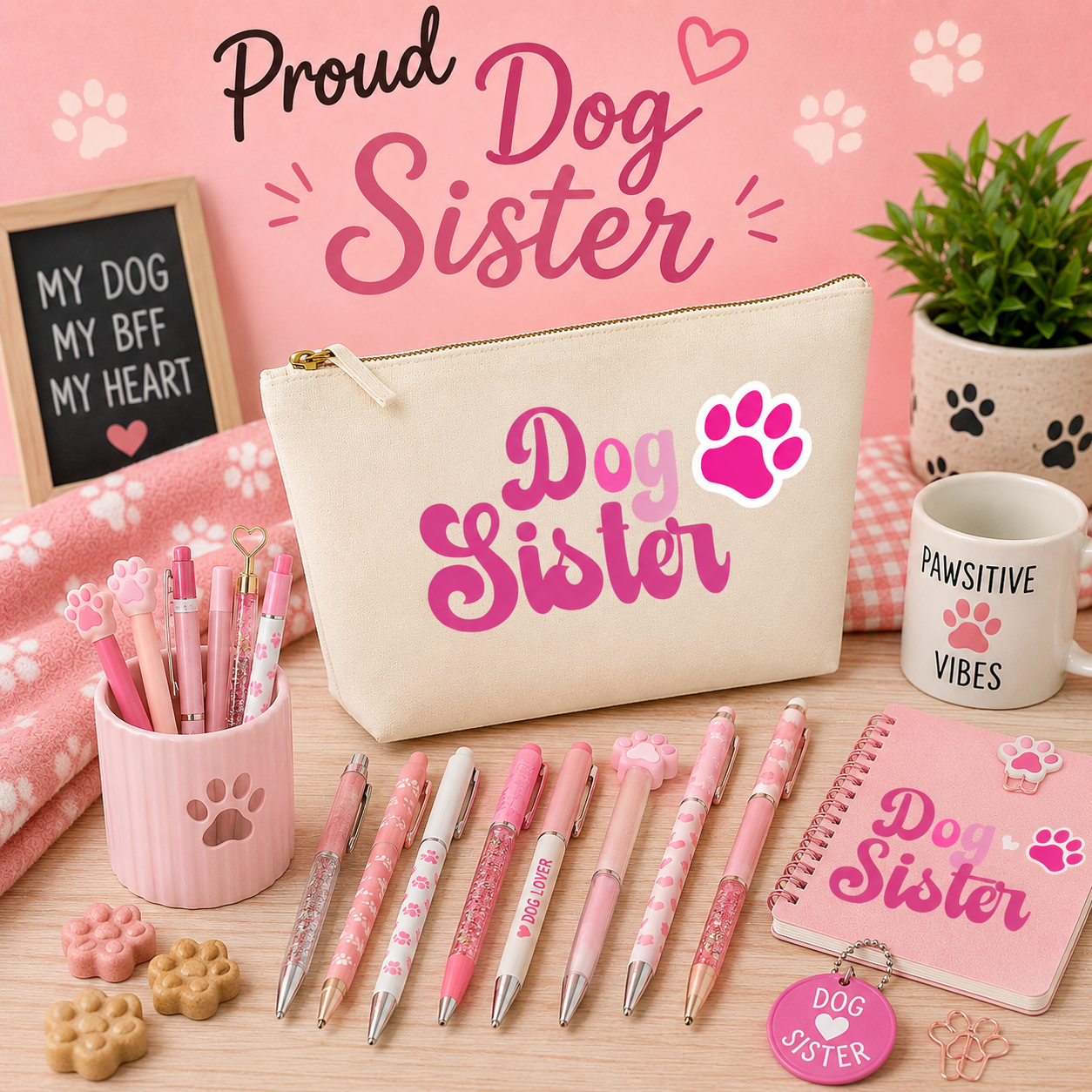 Natural canvas Dog Sister pencil case with pink lettering and a bright pink paw print, displayed on a cosy pink dog-themed background surrounded by pastel pens, a notebook, paw-print accessories, and dog-inspired décor, perfect for stationery lovers and dog enthusiasts.