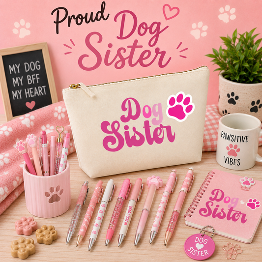Natural canvas Dog Sister pencil case with pink lettering and a bright pink paw print, displayed on a cosy pink dog-themed background surrounded by pastel pens, a notebook, paw-print accessories, and dog-inspired décor, perfect for stationery lovers and dog enthusiasts.