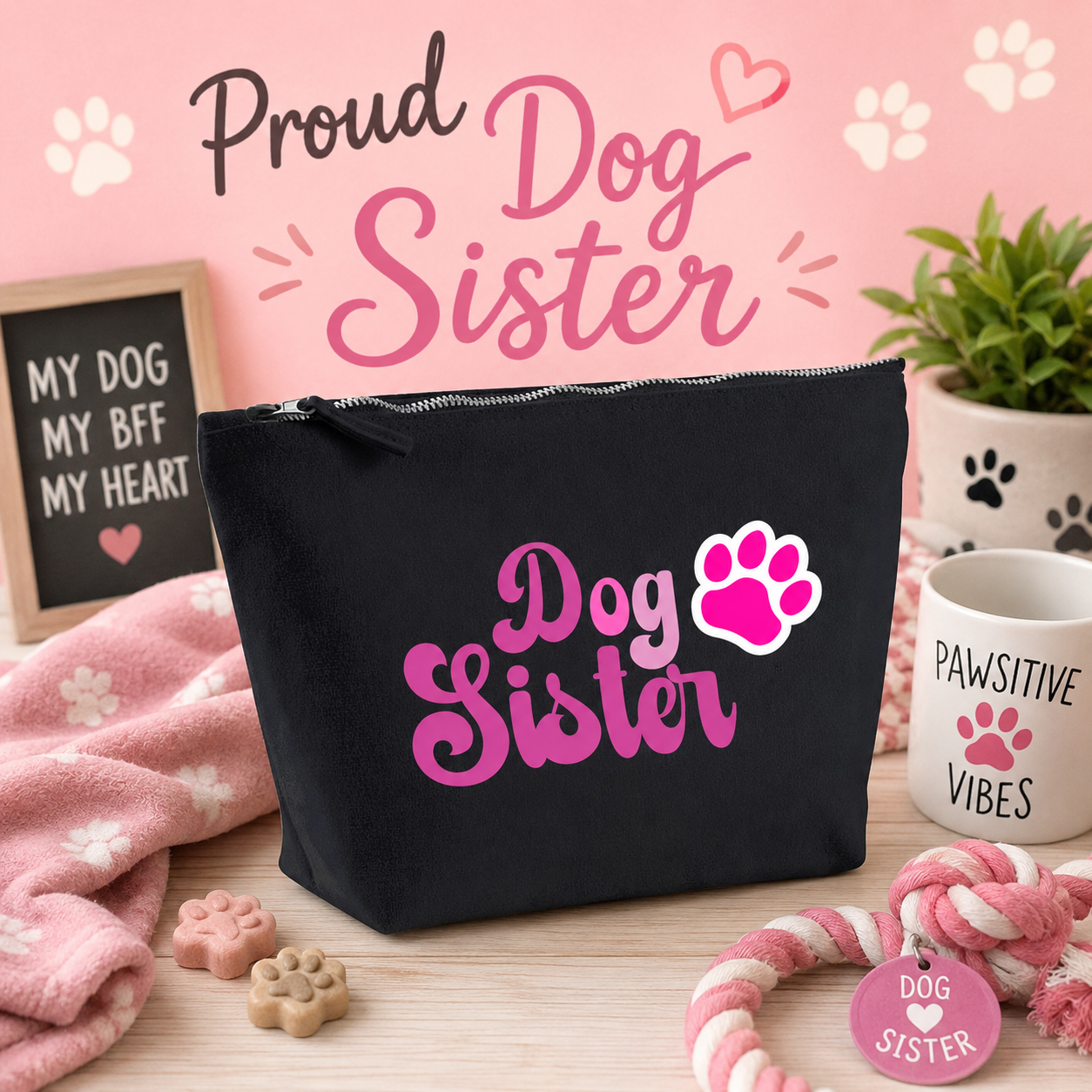 Black cosmetic travel bag featuring pink "Dog Sister" lettering and a paw print design, displayed on a soft pink dog-themed background with paw prints, a cosy blanket, dog toys, and decorative accessories, perfect for dog-loving sisters.