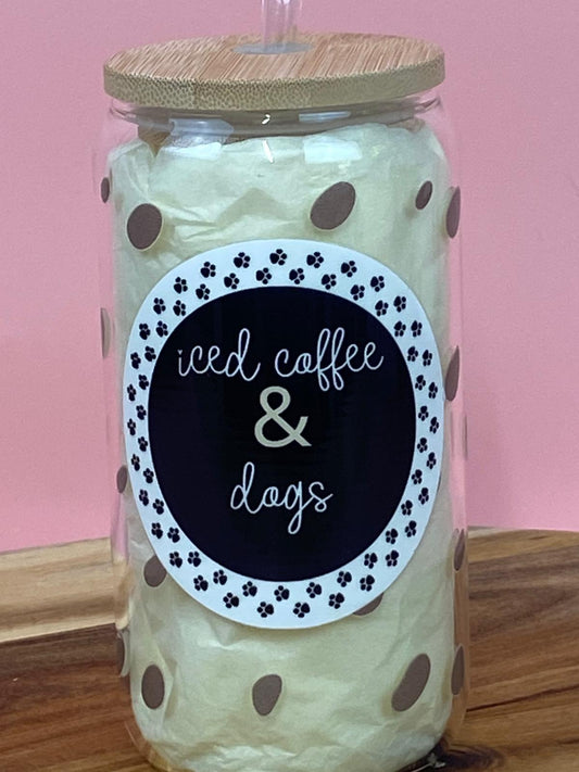 Iced Coffee & Dogs Glass Can with Bamboo Lid & Glass Straw – Dog Lover Iced coffee Cup