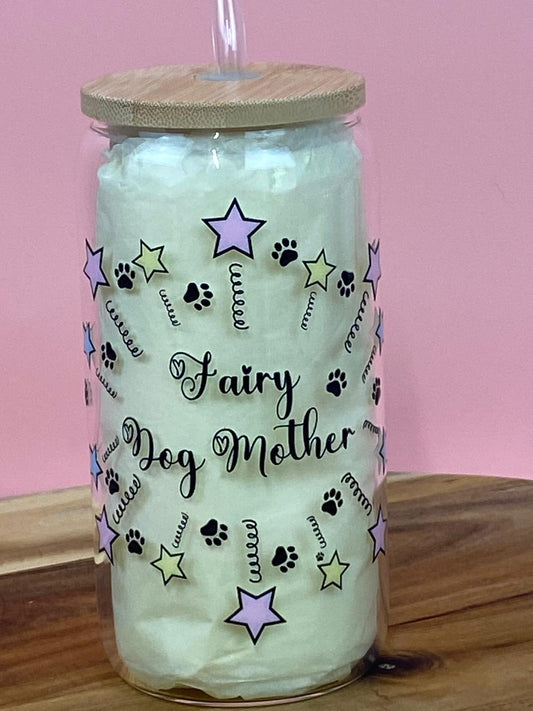 Fairy Dog Mother Glass Can with Bamboo Lid & Glass Straw – Dog Mum Iced Coffee Cup