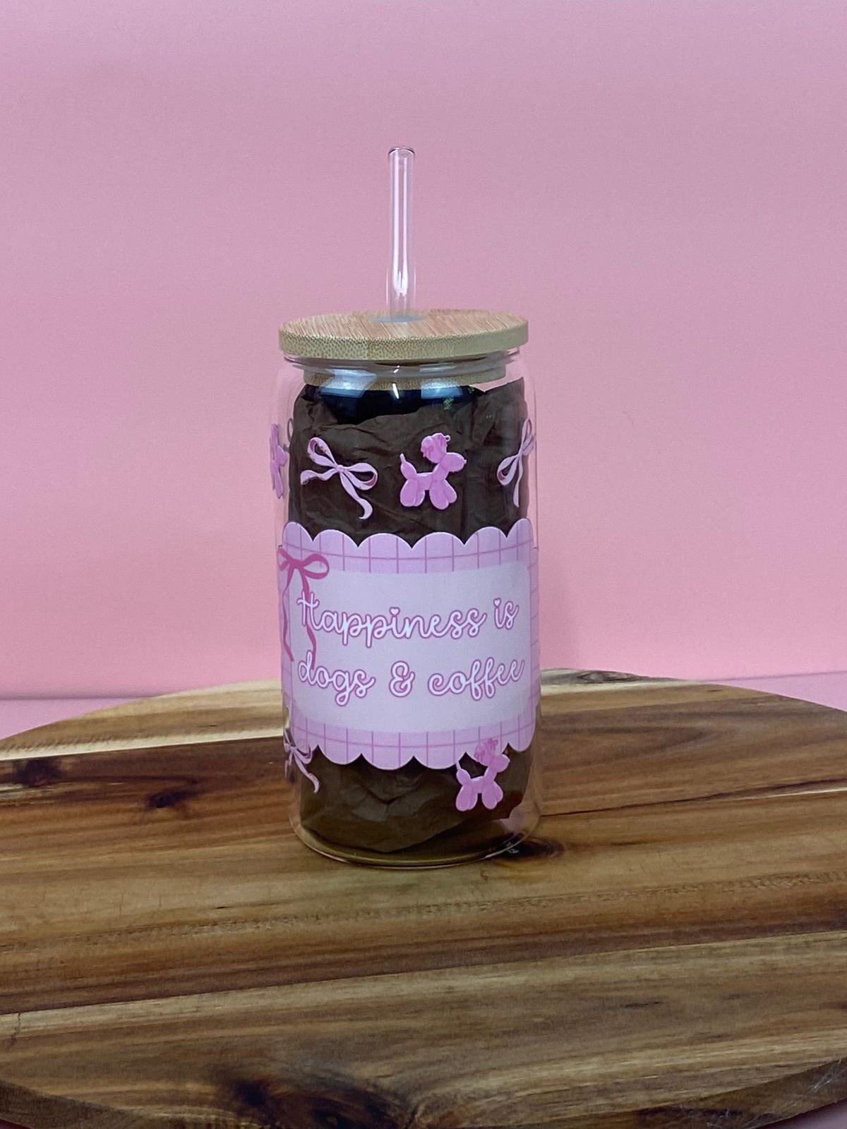 Happiness Is Dogs & Coffee Glass Can with Bamboo Lid & Glass Straw – Dog Lover Iced Coffee Cup