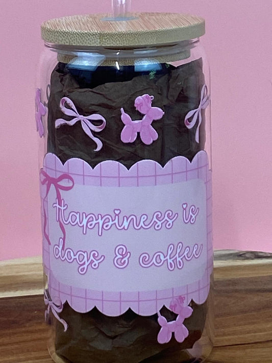 Happiness Is Dogs & Coffee Glass Can with Bamboo Lid & Glass Straw – Dog Lover Iced Coffee Cup