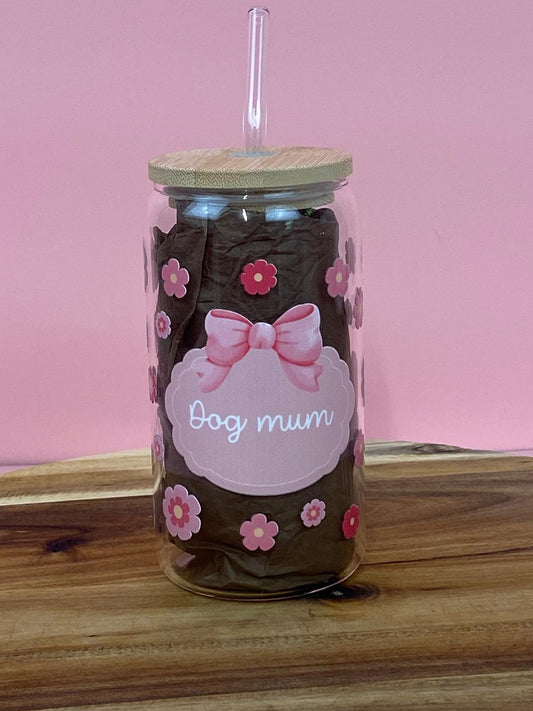 Dog Mum Glass Can with Bamboo Lid & Glass Straw – Pink Floral Dog Lover Cup