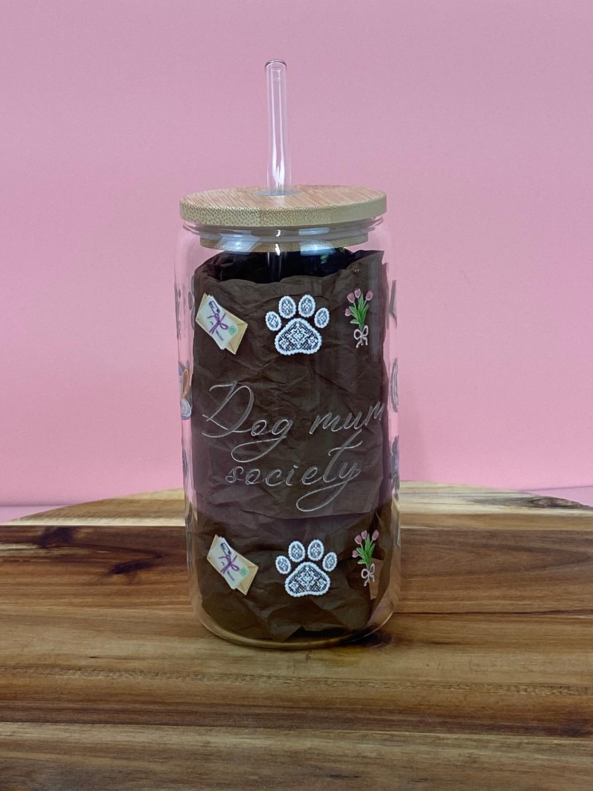 Dog Mum Society Glass Can with Bamboo Lid & Glass Straw – Dog Lover Iced Coffee Cup