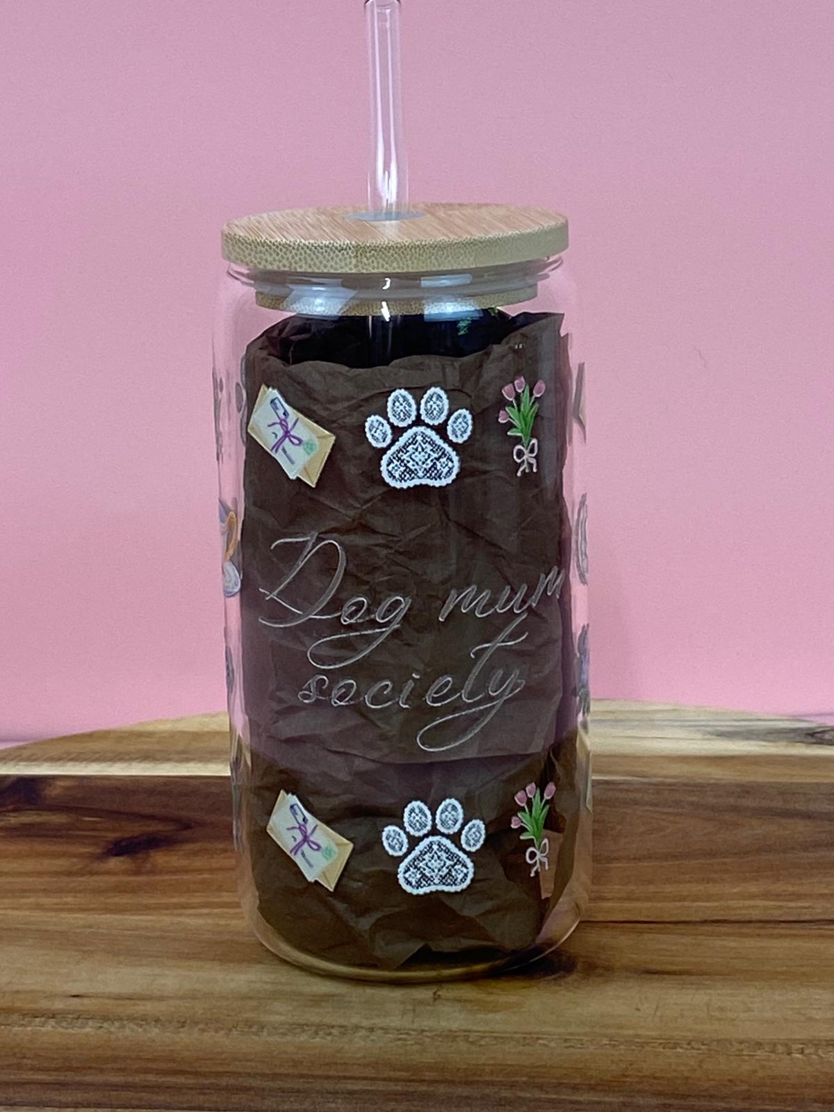 Dog Mum Society Glass Can with Bamboo Lid & Glass Straw – Dog Lover Iced Coffee Cup