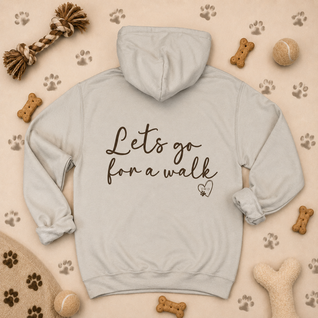 Sand hoodie featuring "Let's Go For A Walk" dog walking design, displayed on a dog-themed background with paw prints, dog treats and toys.