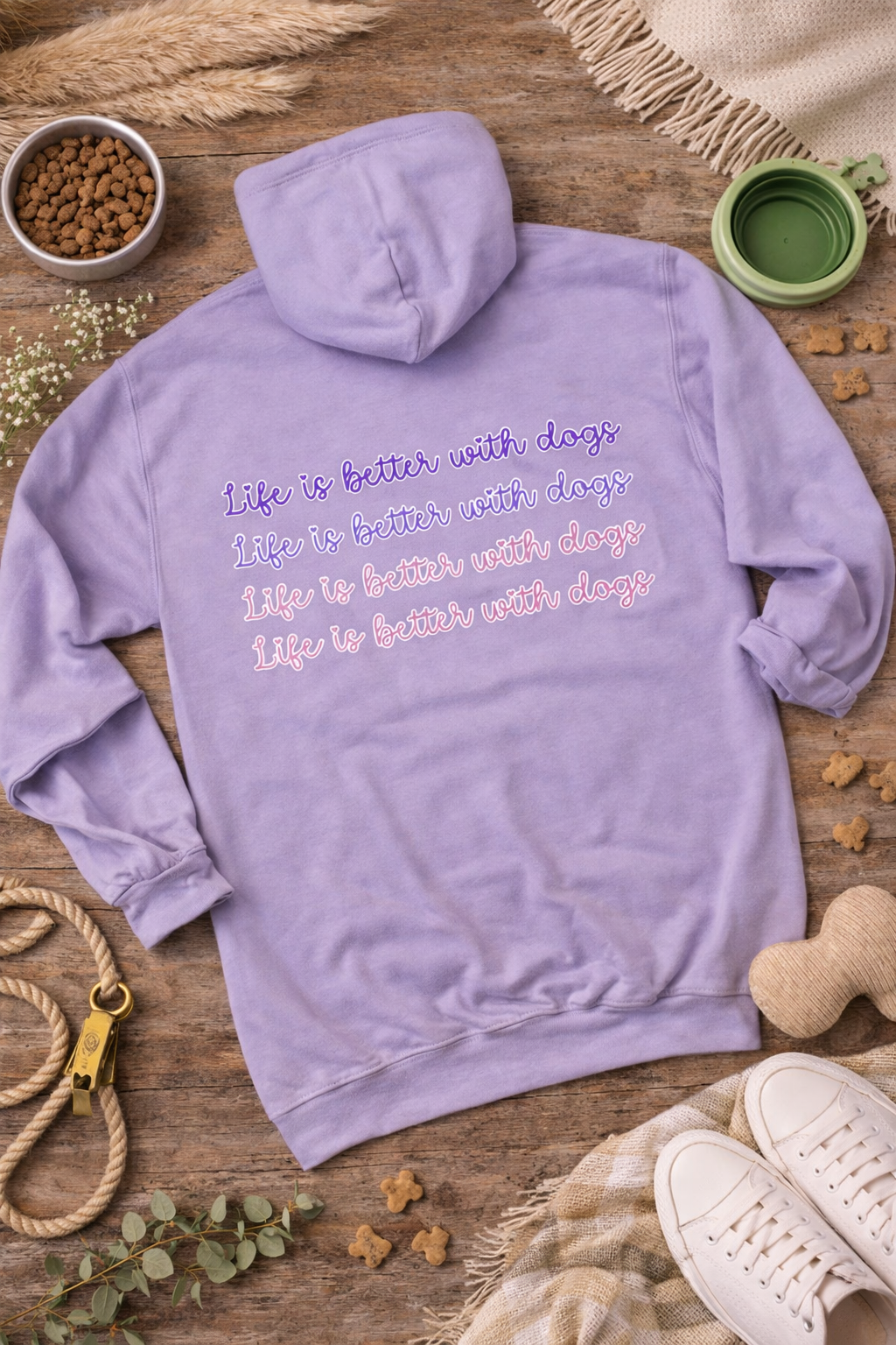 Purple hoodie with 'Life is better with dogs' text on a wooden surface with pet-related items.
