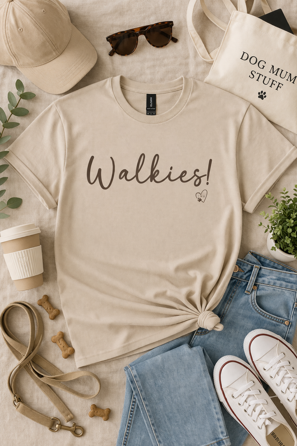 Beige t-shirt with 'Walkies!' text, sunglasses, coffee cup, jeans, and shoes on a light surface.