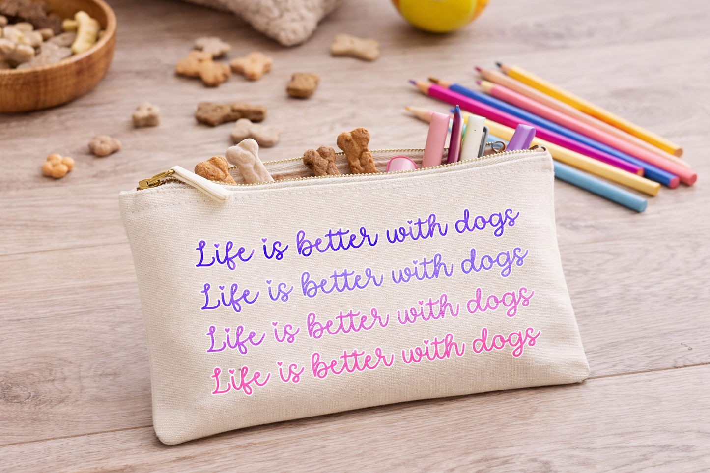 Canvas pouch with 'Life is better with dogs' text on a wooden surface with dog treats and pencils.
