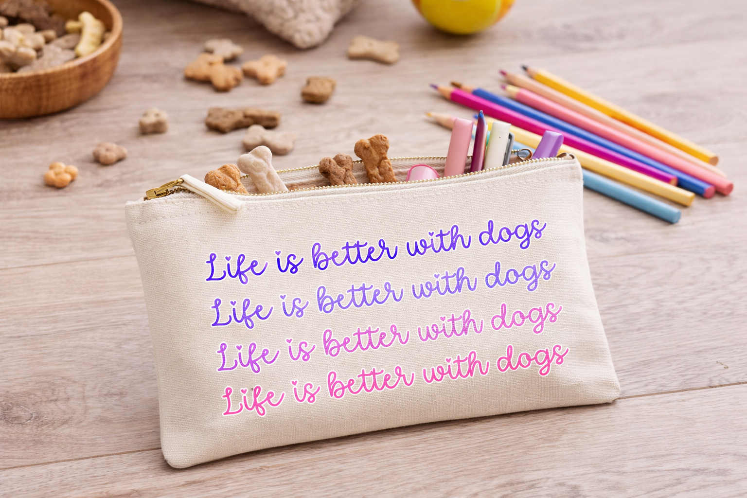 Canvas pouch with 'Life is better with dogs' text on a wooden surface with dog treats and pencils.