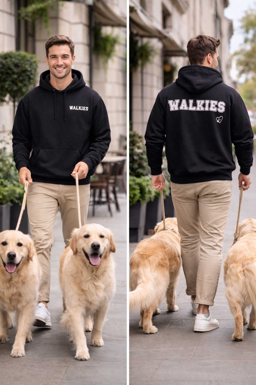 Man walking two dogs wearing a black hoodie with 'WALKIES' text.