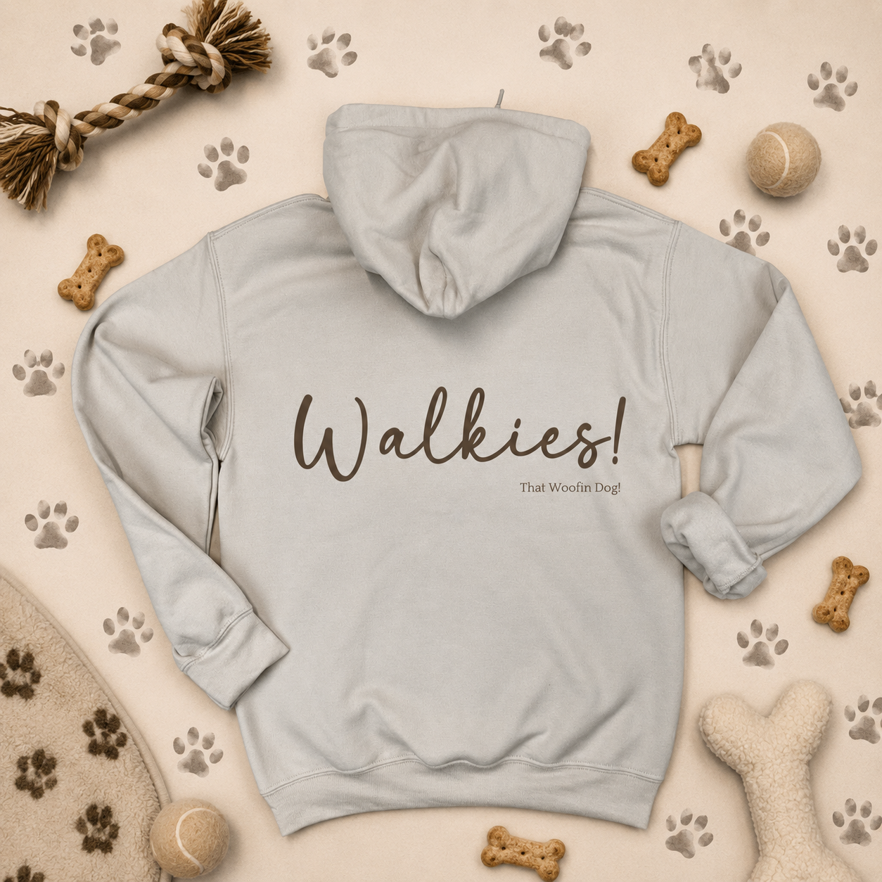 Sand-coloured hoodie displayed in a flat-lay product photo on a soft beige dog-themed background. The back of the hoodie features the word "Walkies!" in large brown script lettering, with "That Woofin Dog!" printed underneath in smaller text. The hoodie is surrounded by dog-themed accessories including paw print patterns, dog biscuits, a rope toy, tennis balls, a plush bone toy, and a paw print mat, creating a warm and playful aesthetic for dog lovers.