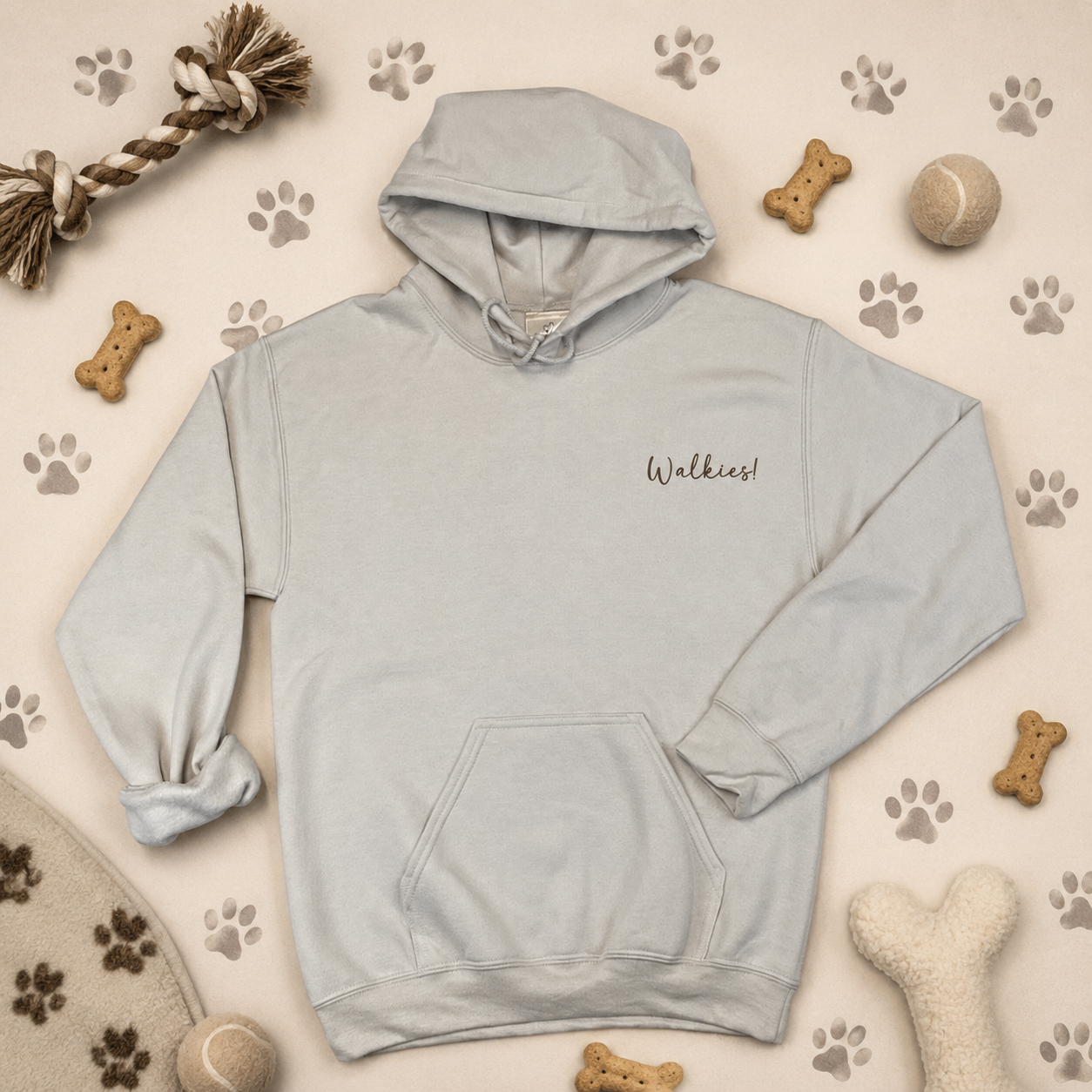Sand Walkies dog lover hoodie front view flat lay with dog toys and paw print decorations.