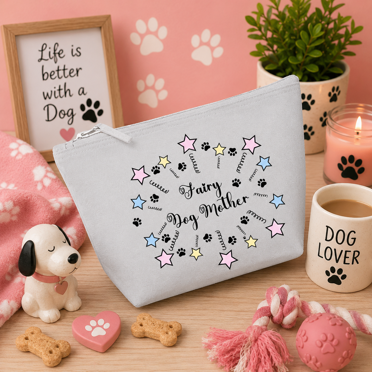 Grey cosmetic travel bag featuring a whimsical "Fairy Dog Mother" design with pastel stars and paw prints, displayed on a cosy pink dog-themed background with dog toys, biscuits, candles, paw-print décor, and accessories, perfect for dog mums and dog lovers.