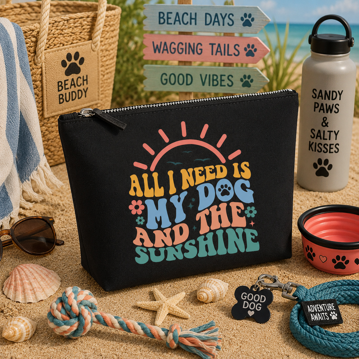 Black canvas travel bag featuring the colourful "All I Need Is My Dog and the Sunshine" design, displayed on a beach-inspired dog-themed background with seashells, a rope toy, sunglasses, a dog bowl, lead, paw-print accessories, and coastal décor, creating the perfect summer gift for dog lovers and beach enthusiasts.