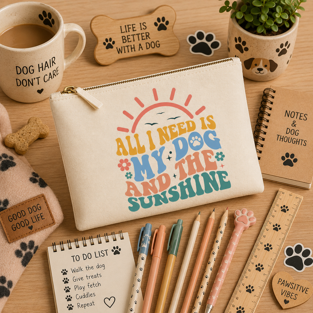 Natural canvas pencil case featuring the colourful "All I Need Is My Dog and the Sunshine" design, displayed on a cosy dog-themed desk background with notebooks, pens, pencils, a wooden ruler, paw-print accessories, and dog lover décor, creating the perfect setting for stationery enthusiasts and dog lovers.