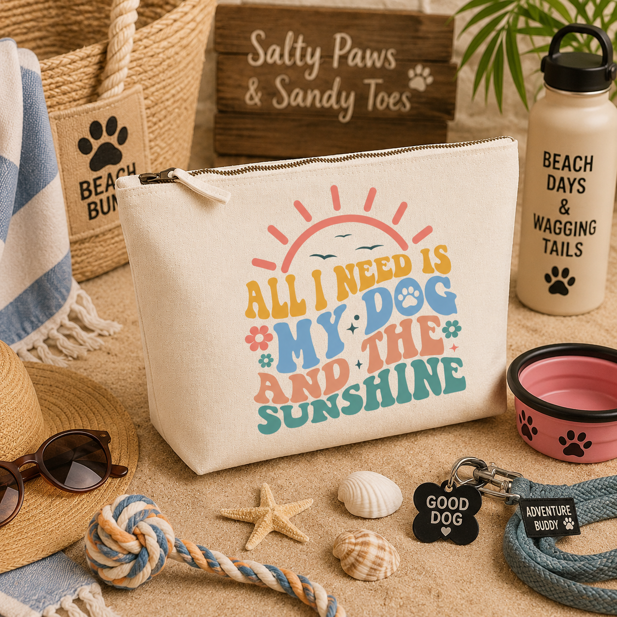 Natural canvas travel bag featuring the colourful "All I Need Is My Dog and the Sunshine" design, displayed on a beach-inspired dog-themed background with seashells, a rope toy, sunglasses, dog bowl, lead, paw-print accessories, and coastal décor, creating the perfect summer gift for dog lovers and beach enthusiasts.