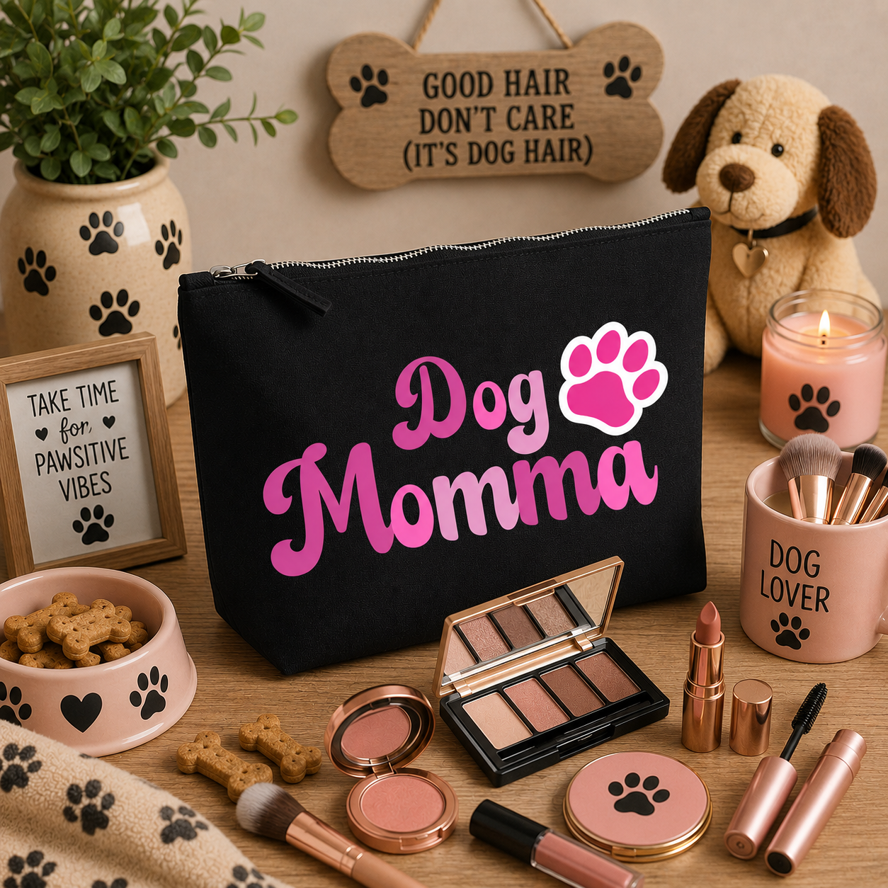 Black Dog Momma cosmetic travel bag featuring pink lettering and a bright pink paw print, displayed on a cosy dog-themed vanity background with makeup brushes, lipstick, eyeshadow palette, blush, and paw-print accessories, making a perfect gift for dog mums and beauty lovers.