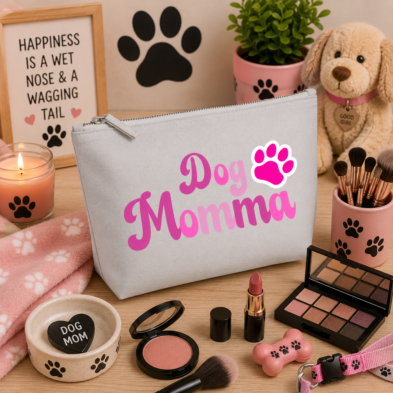 Grey Dog Momma cosmetic travel bag featuring pink lettering and a bright pink paw print, displayed on a cosy dog-themed vanity background with makeup brushes, lipstick, blush, eyeshadow palette, and paw-print accessories, making a perfect gift for dog mums and beauty lovers.