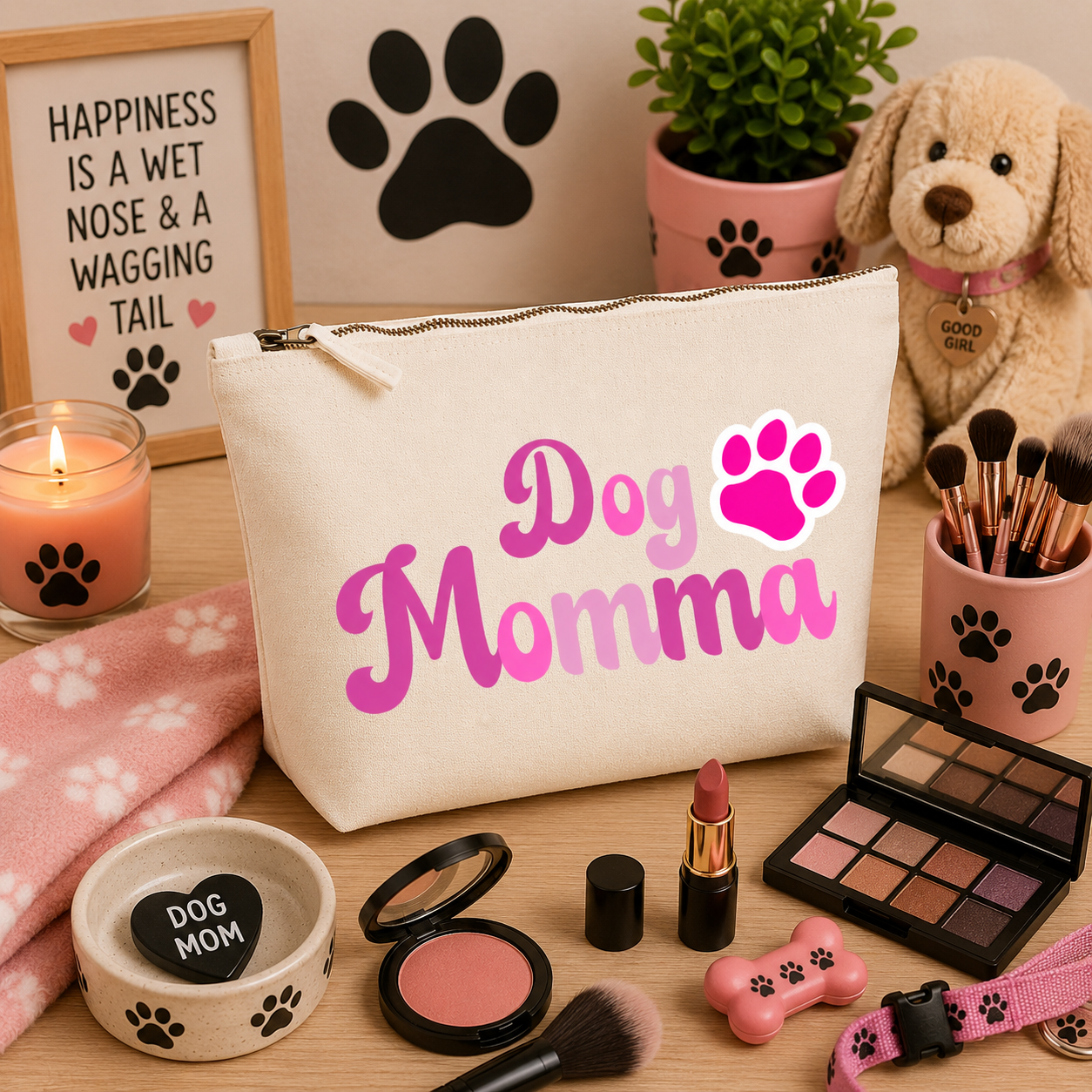 Natural canvas Dog Momma cosmetic travel bag featuring pink lettering and a bright pink paw print, displayed on a cosy dog-themed vanity background with makeup brushes, lipstick, blush, eyeshadow palette, and paw-print accessories, making a perfect gift for dog mums and beauty lovers.
