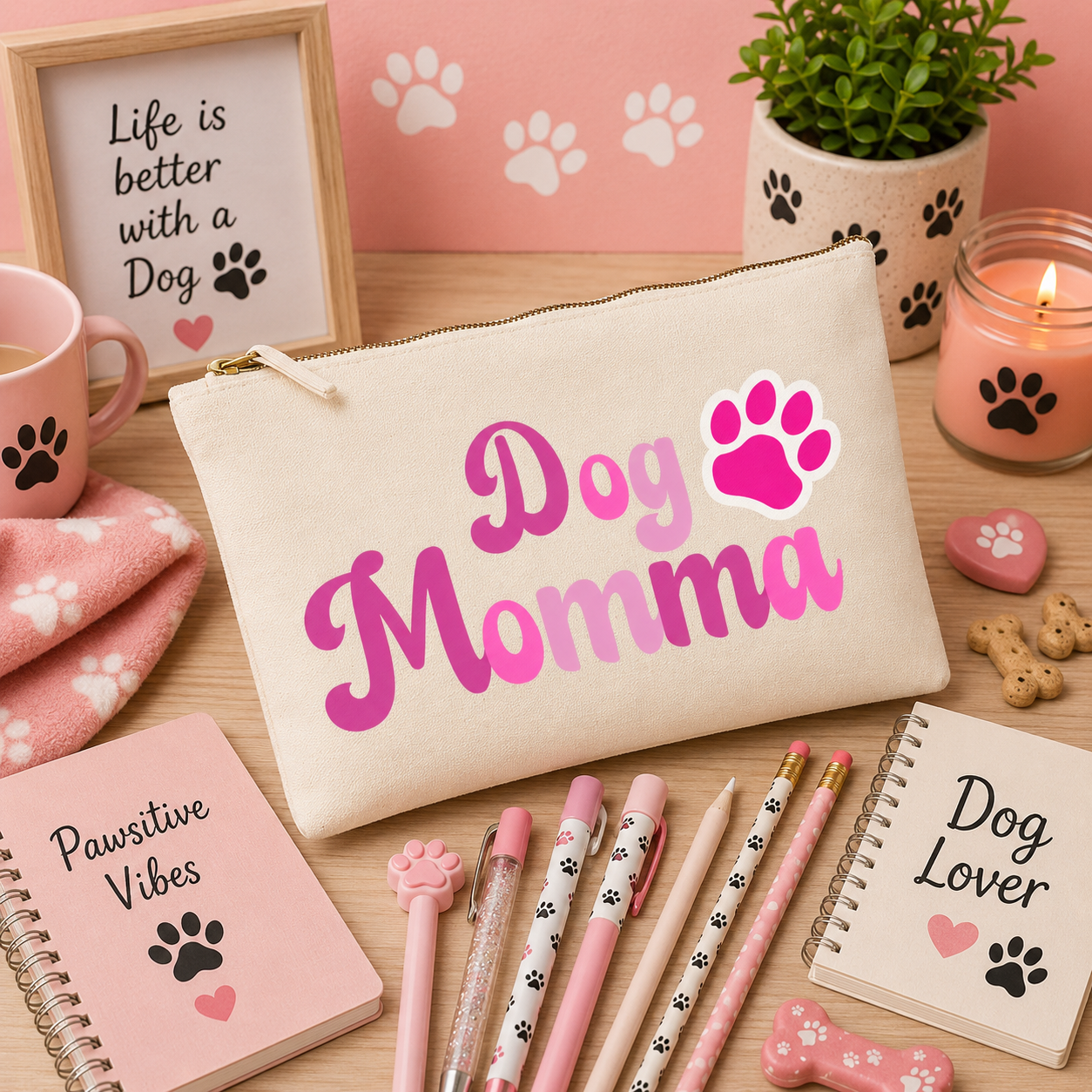Natural canvas Dog Momma pencil case featuring pink lettering and a bright pink paw print, displayed on a cosy pink dog-themed background with notebooks, pens, pencils, paw-print accessories, candles, and decorative dog lover accents, perfect for stationery enthusiasts and dog mums.
