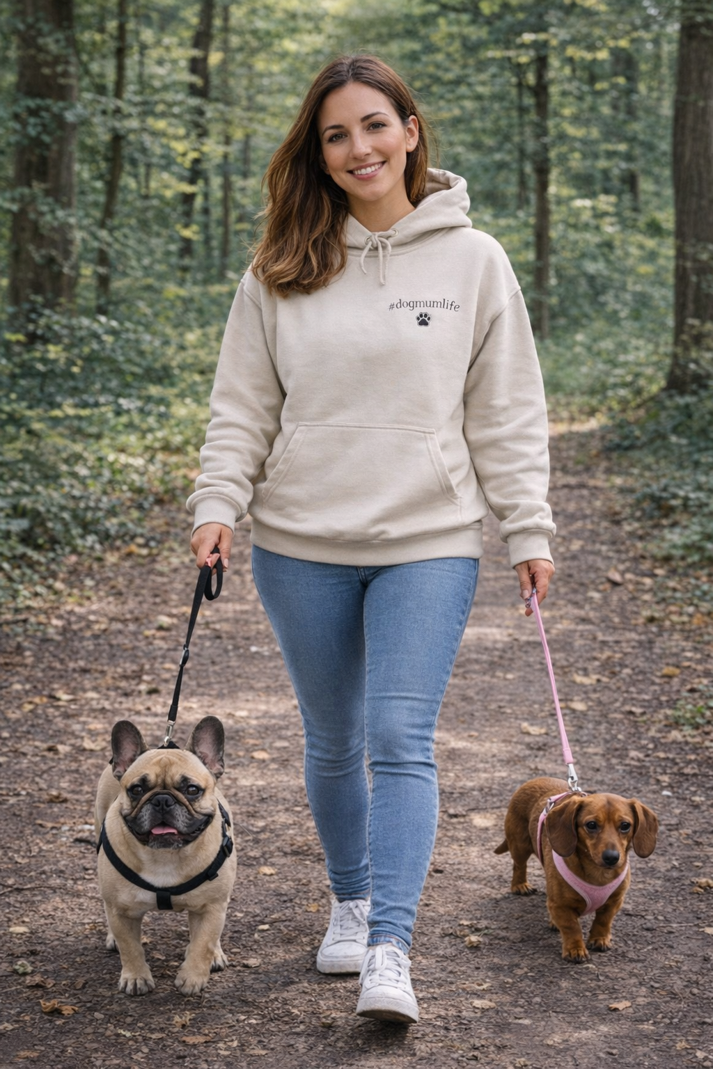 Woman walking two dogs in a forest wearing a branded hoodie.