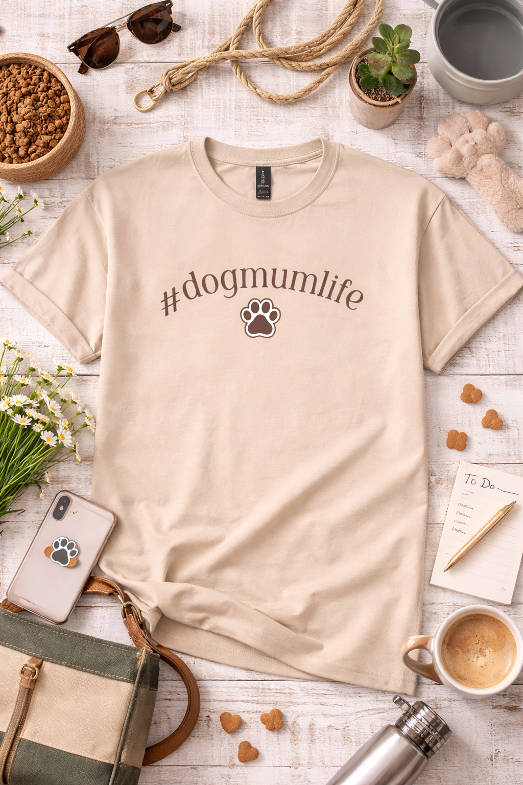 Beige t-shirt with '#dogmumlife' text and paw print on a wooden surface with accessories.
