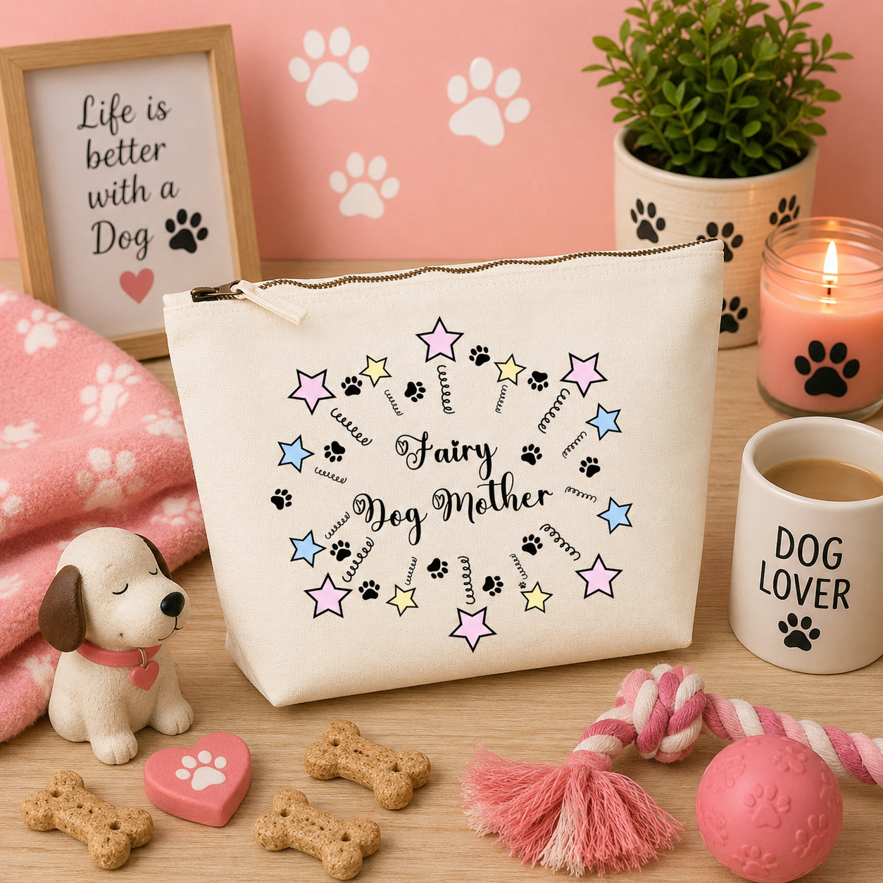 Natural canvas cosmetic travel bag featuring a whimsical "Fairy Dog Mother" design with pastel stars and paw prints, displayed on a cosy pink dog-themed background with dog toys, paw-print décor, candles, dog treats, and accessories, creating the perfect gift for dog mums and dog lovers.