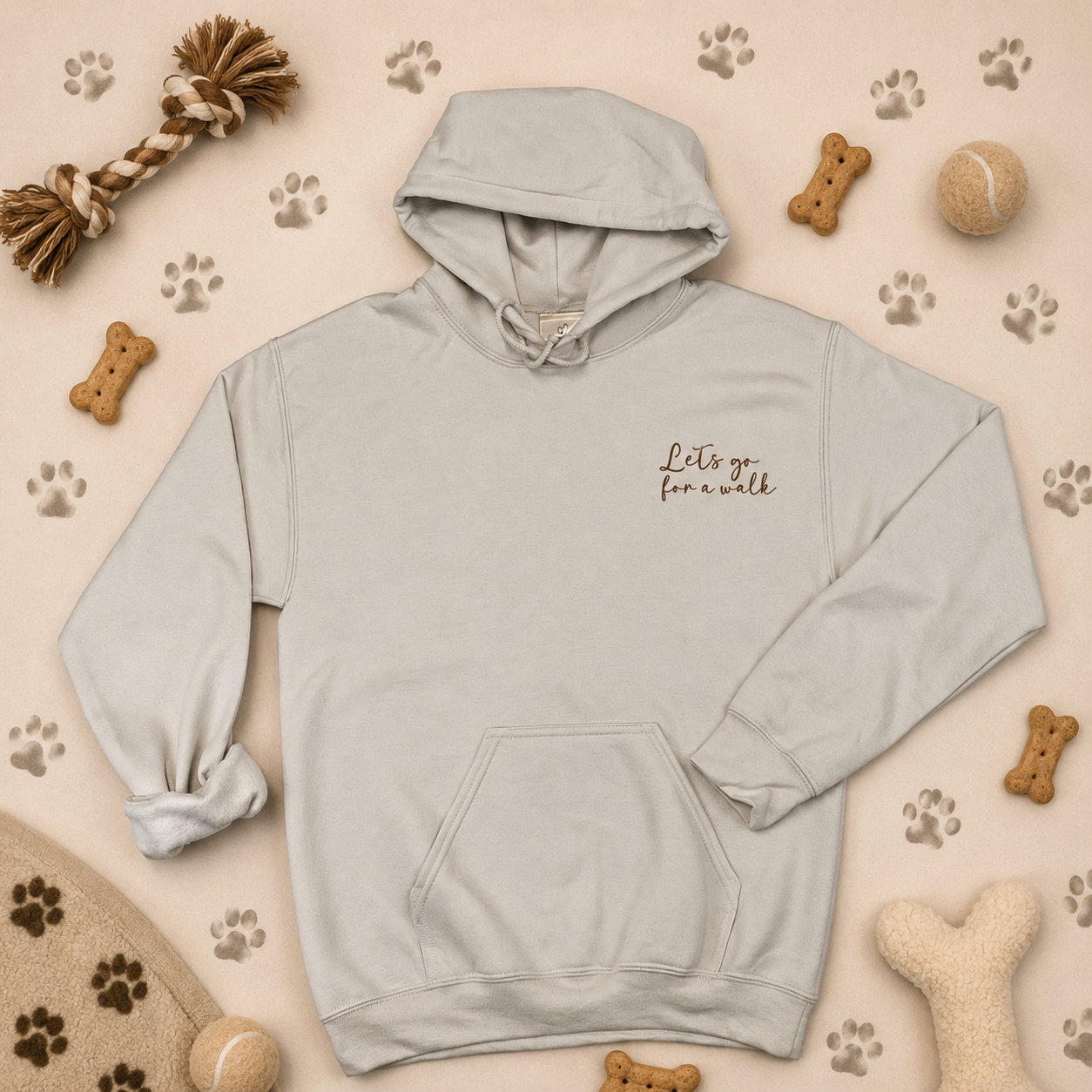 Sand hoodie featuring "Let's Go For A Walk" dog walking design, displayed on a dog-themed background with paw prints, dog treats and toys.