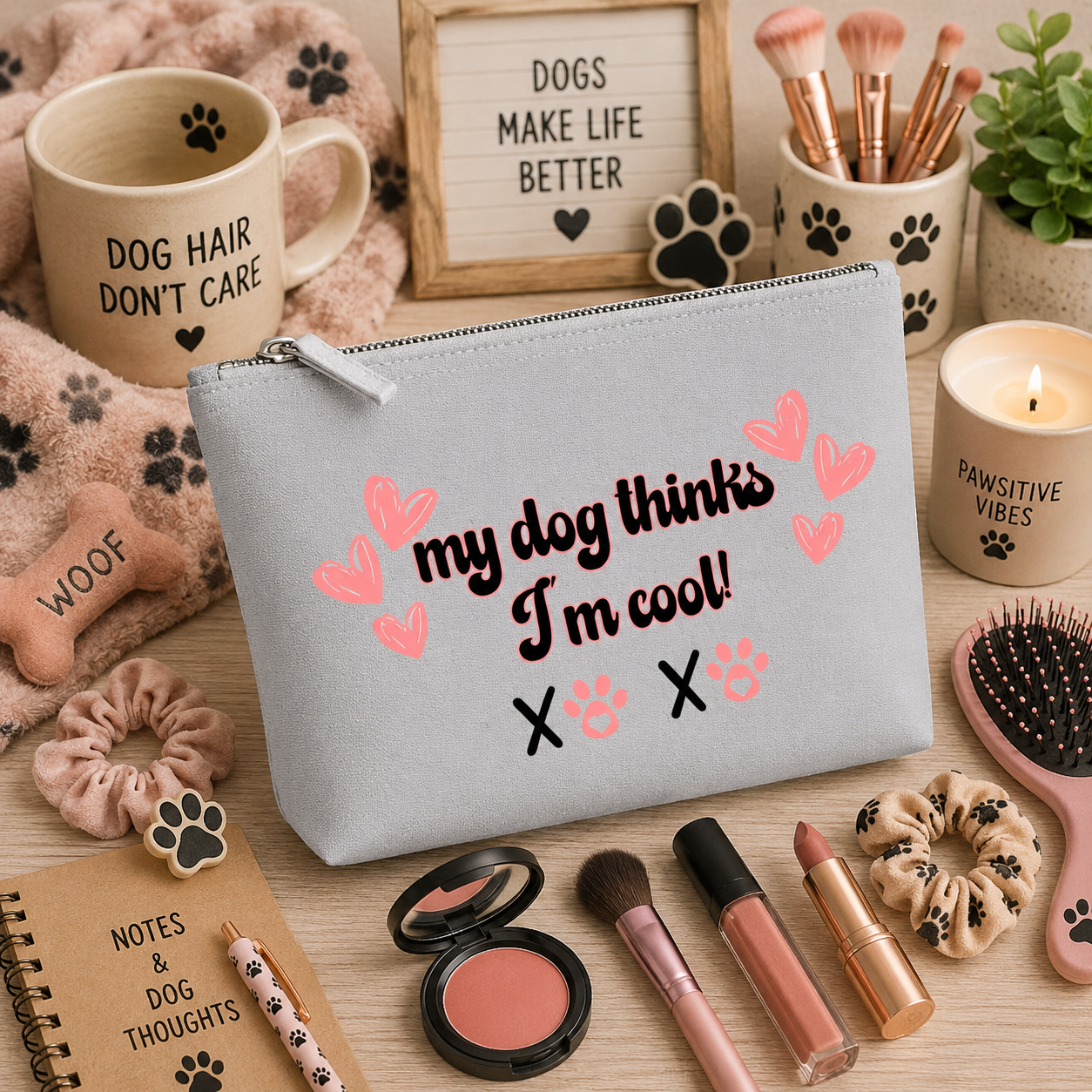 Grey canvas makeup bag featuring the playful "My Dog Thinks I'm Cool!" design with pink hearts and paw prints, displayed on a cosy dog-themed vanity background with makeup brushes, lipstick, blush, hair accessories, paw-print décor, and cute dog lover accessories. Perfect for dog mums and beauty enthusiasts.