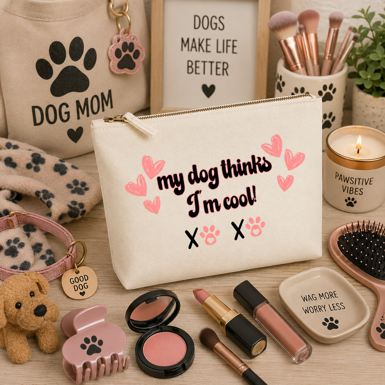 Natural canvas makeup bag featuring the playful "My Dog Thinks I'm Cool!" design with pink hearts and paw prints, displayed on a cosy dog-themed vanity background with makeup brushes, lipstick, blush, hair accessories, paw-print décor, and cute dog lover accessories. Perfect for dog mums and beauty enthusiasts.