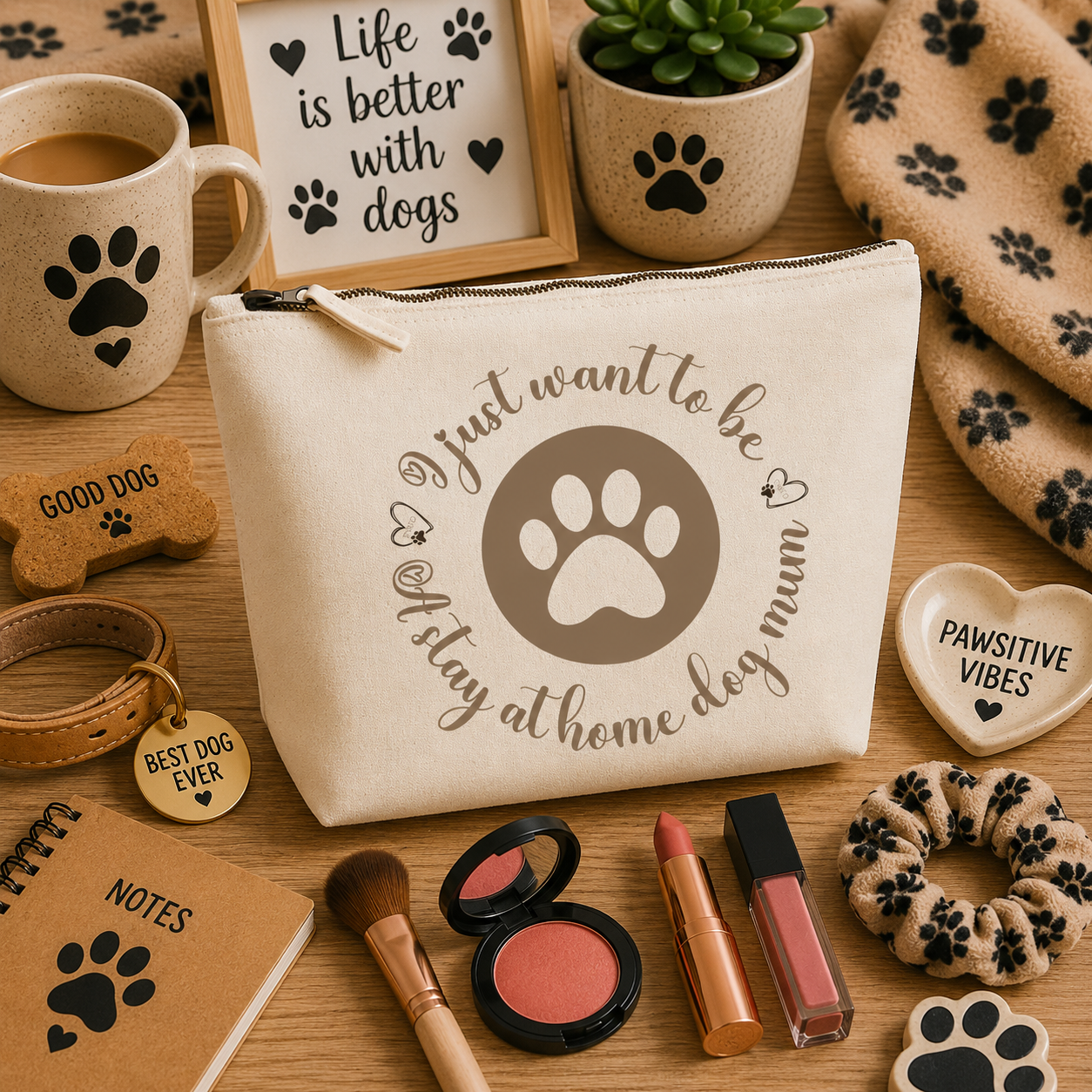 Natural canvas makeup bag featuring the "Just Want to Be a Stay at Home Dog Mum" design with a paw print motif, displayed on a cosy dog-themed beauty background with makeup brushes, blush, lipstick, lip gloss, paw-print scrunchies, dog lover décor, and warm neutral accessories. Perfect for dog mums and pet lovers who enjoy relaxing at home with their furry companions.