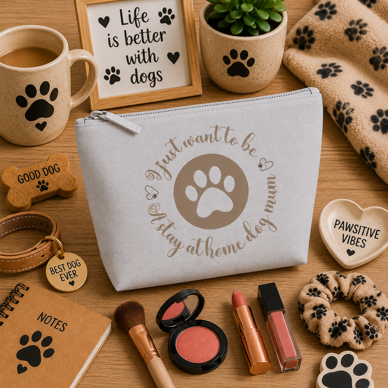 Grey canvas makeup bag featuring the "Just Want to Be a Stay at Home Dog Mum" design with a paw print motif, displayed on a cosy dog-themed vanity background with paw-print décor, dog lover accessories, makeup brushes, blush, lipstick, lip gloss, scrunchies, and warm neutral home accents. Perfect for dog mums and pet lovers.