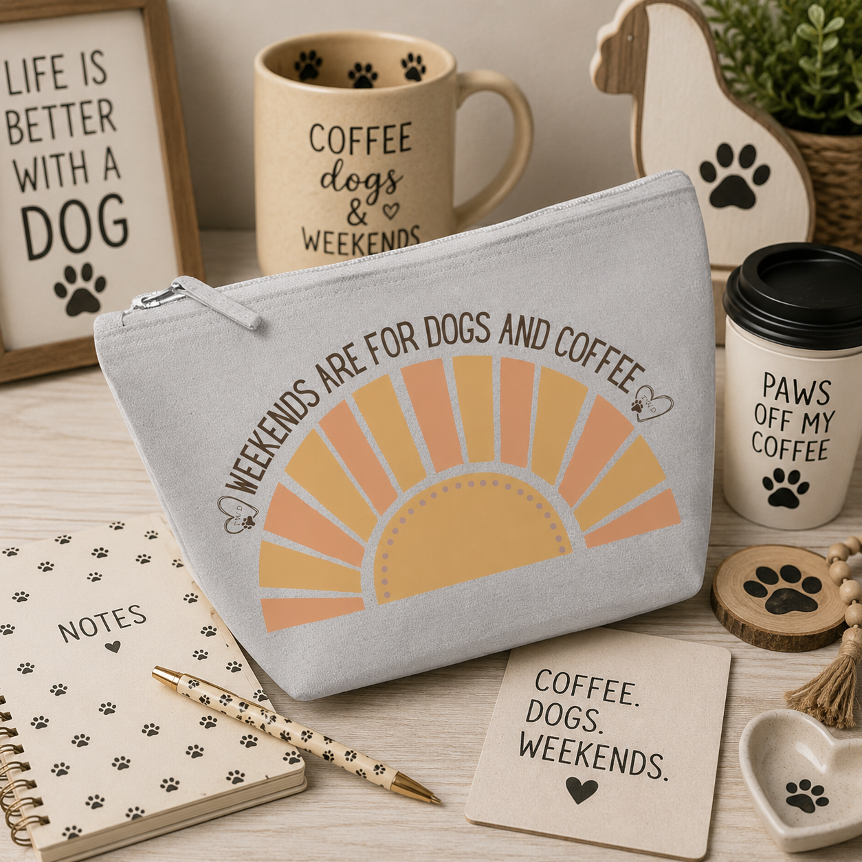 Grey cosmetic travel bag featuring the "Weekends Are for Dogs and Coffee" design with a retro sunrise graphic, displayed on a cosy dog-themed coffee station background with coffee mugs, takeaway cups, paw-print accessories, notebooks, and dog lover décor, creating the perfect gift for coffee enthusiasts and dog lovers.
