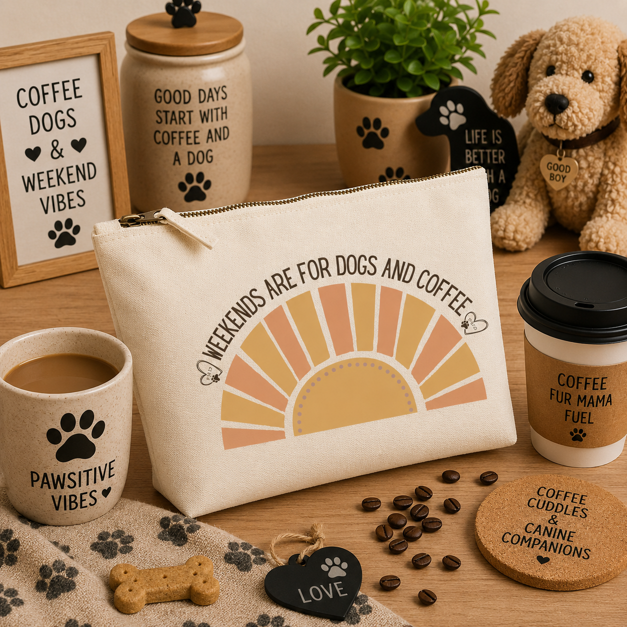 Natural canvas travel bag featuring the "Weekends Are for Dogs and Coffee" design with a retro sun graphic, displayed on a cosy dog and coffee-themed background with coffee mugs, coffee beans, paw-print décor, dog lover accessories, and warm neutral accents, making a perfect gift for dog lovers and coffee enthusiasts.